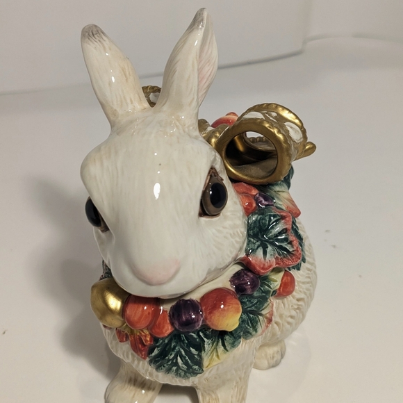 Fitz And Floyd Classics White Bunny Rabbit Trinket Dish W/Lid Gold Bow Greenery - Picture 11 of 11